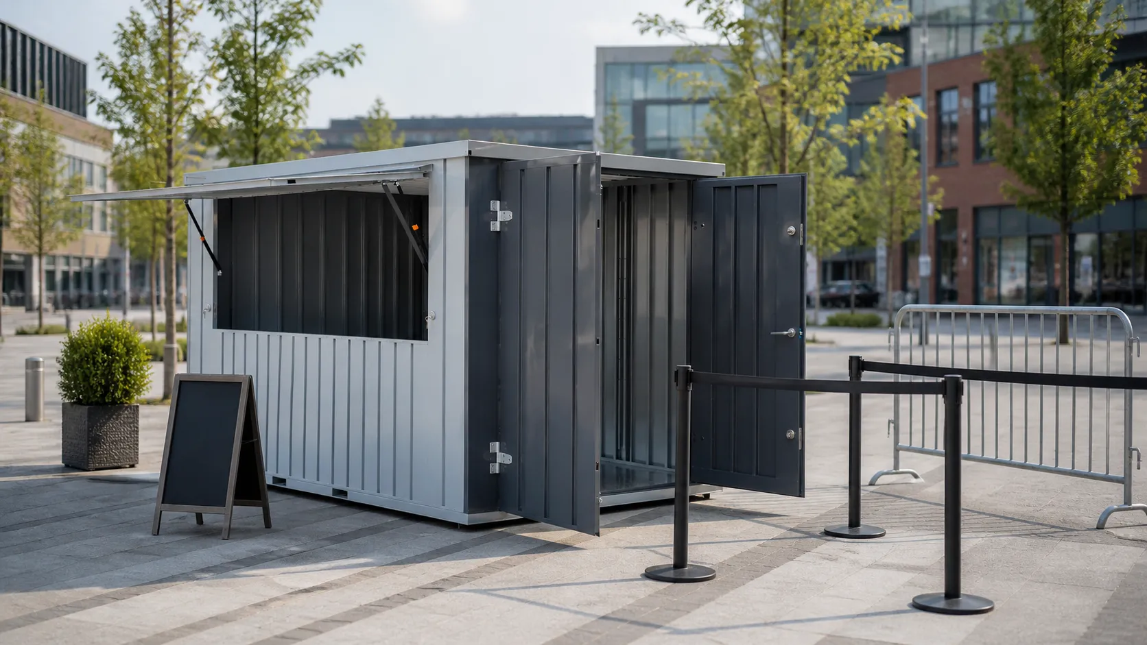Flat-pack kiosk container with open service window installed in a modern outdoor commercial plaza