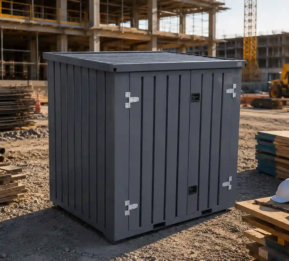 Dark gray flat-pack jobsite storage container on an active construction site