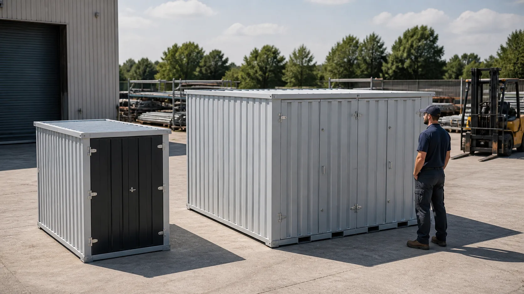 Small and large flat-pack storage containers compared side by side