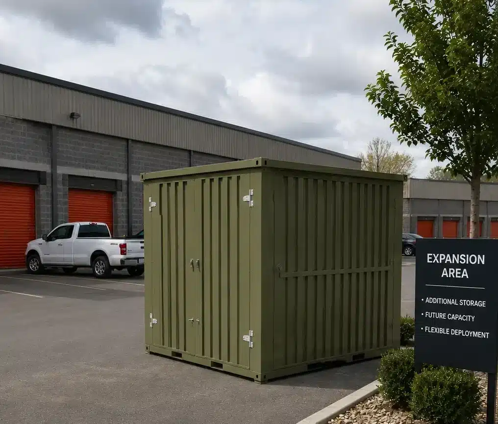 Flat-pack storage container installed in an underused commercial property area