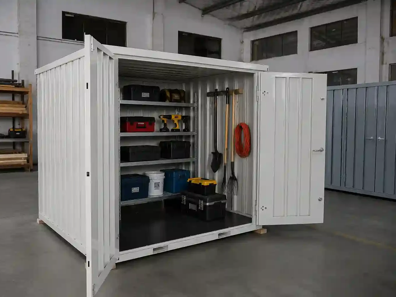 Open flat-pack jobsite storage container organized with tools, shelves, and equipment