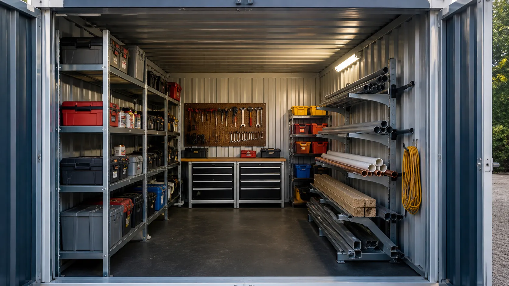 Flat-pack container interior with shelves, racks, and organized storage accessories