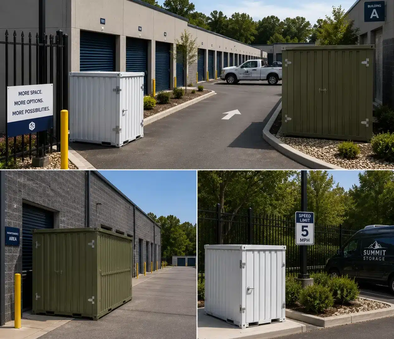Relocatable flat-pack self storage units installed across flexible commercial property layouts