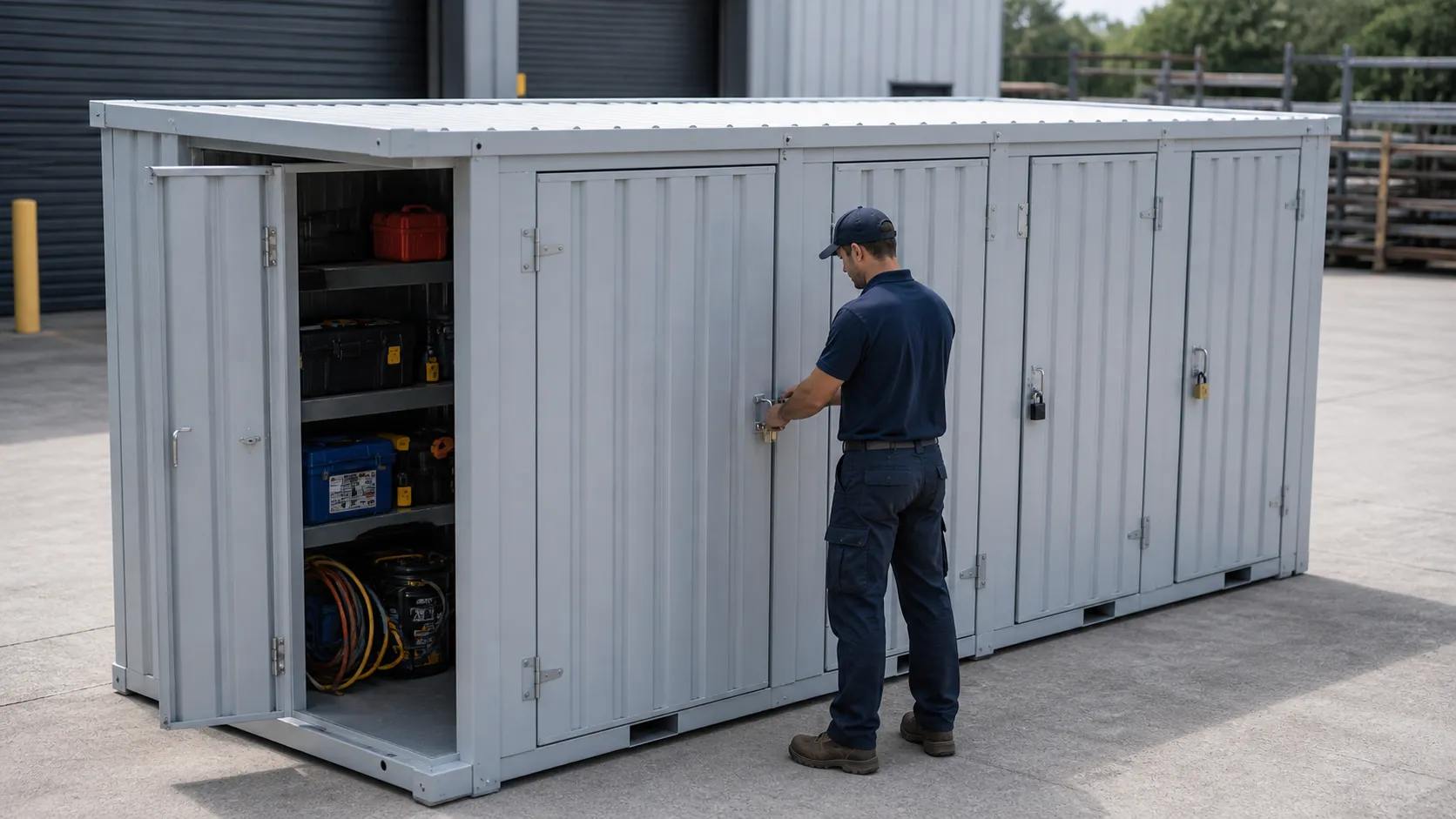 Worker securing a flat-pack storage container with a locking system