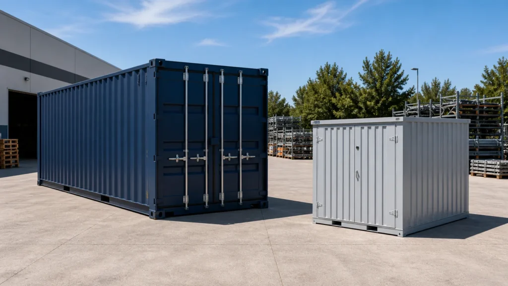 Side-by-side comparison of a large shipping container and a flat-pack storage container