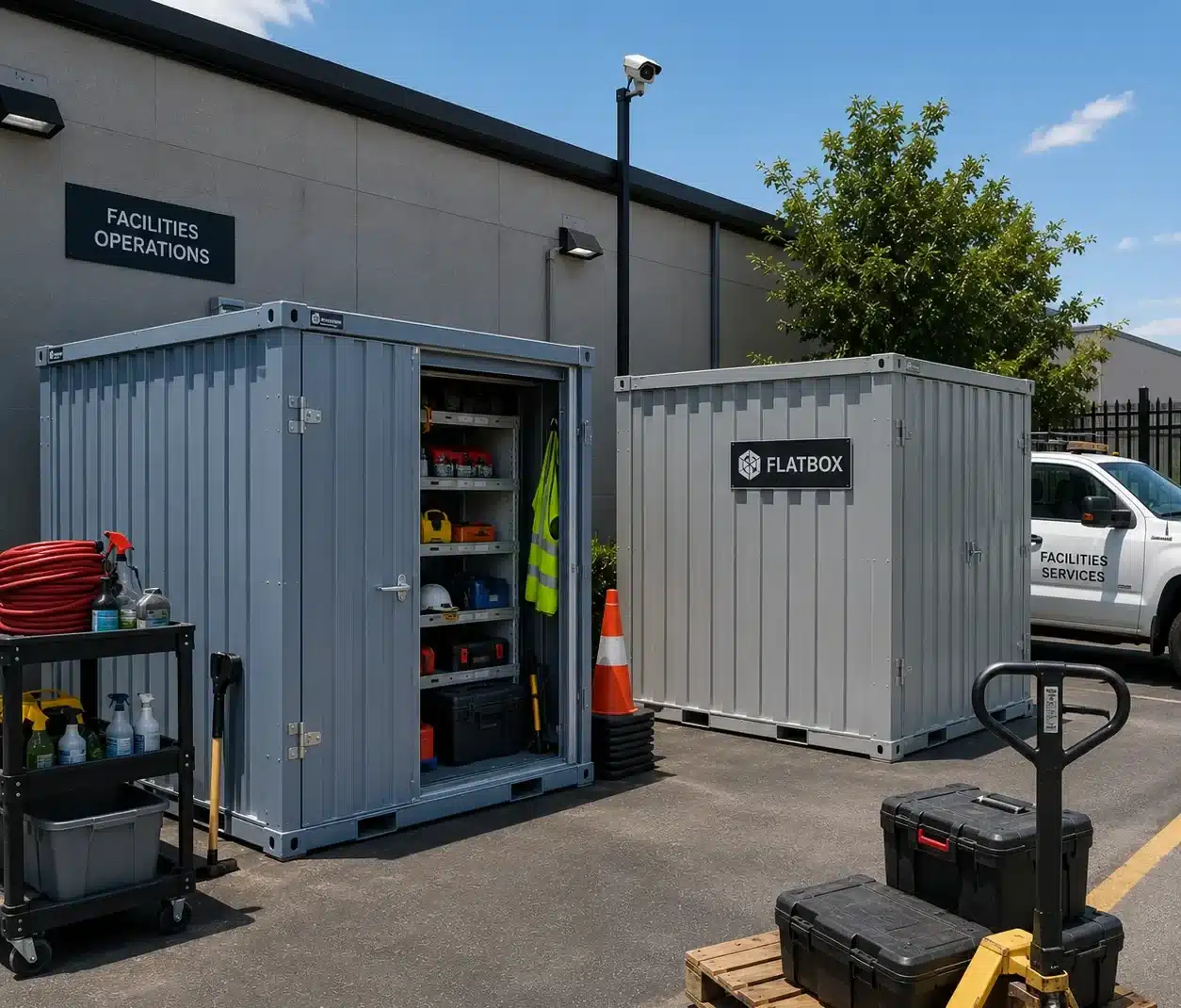 Flat-pack self storage containers deployed across a commercial property