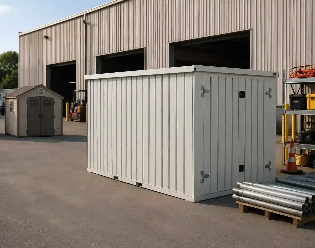 White flat-pack storage container for commercial outdoor storage beside a warehouse
