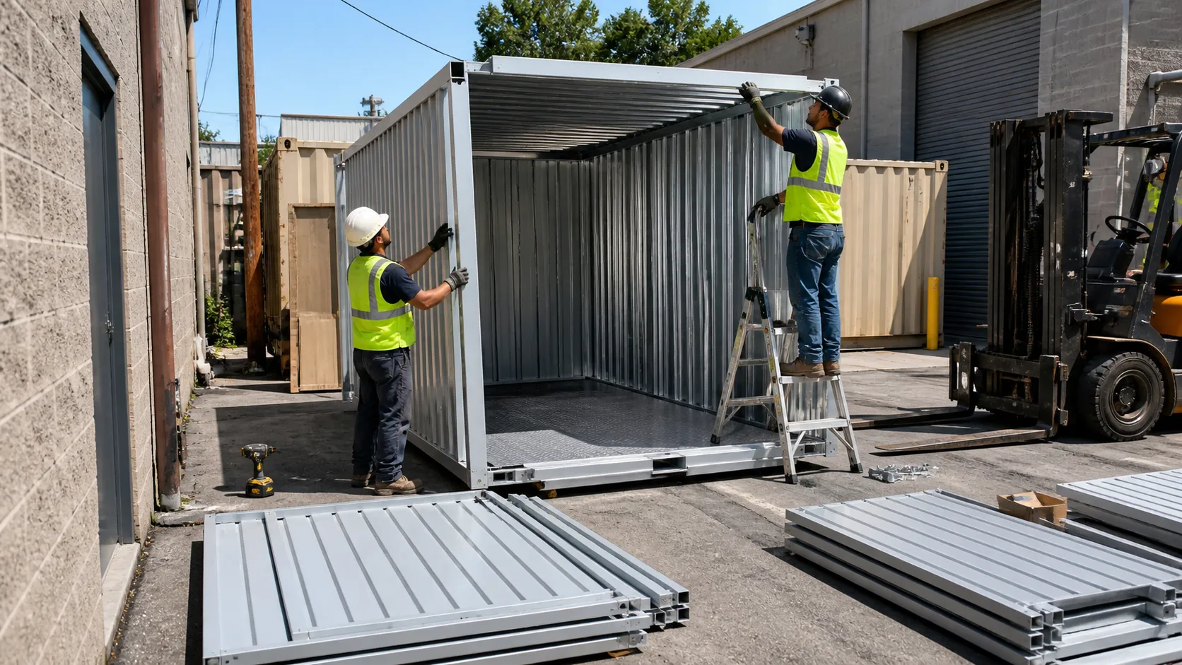 Flat-pack storage container components being assembled on site in a constrained facility area