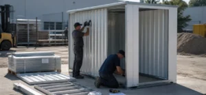 Workers assembling a flat-pack storage container frame and wall panels at a commercial jobsite