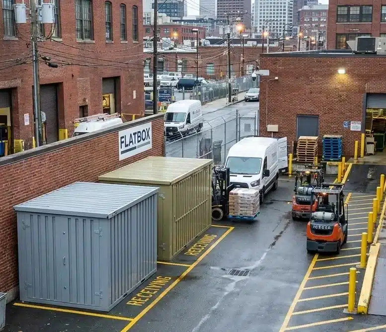 Flat-pack storage containers positioned near Boston loading docks and service lanes