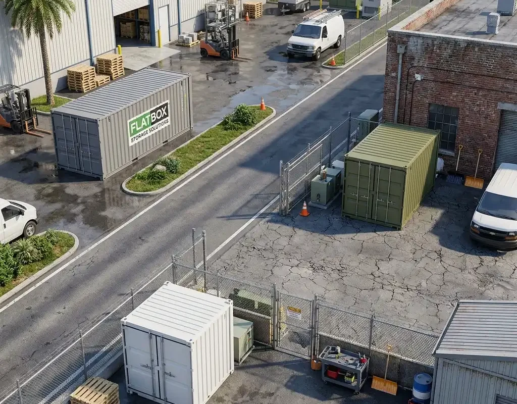 Portable storage containers integrated into a commercial operations yard