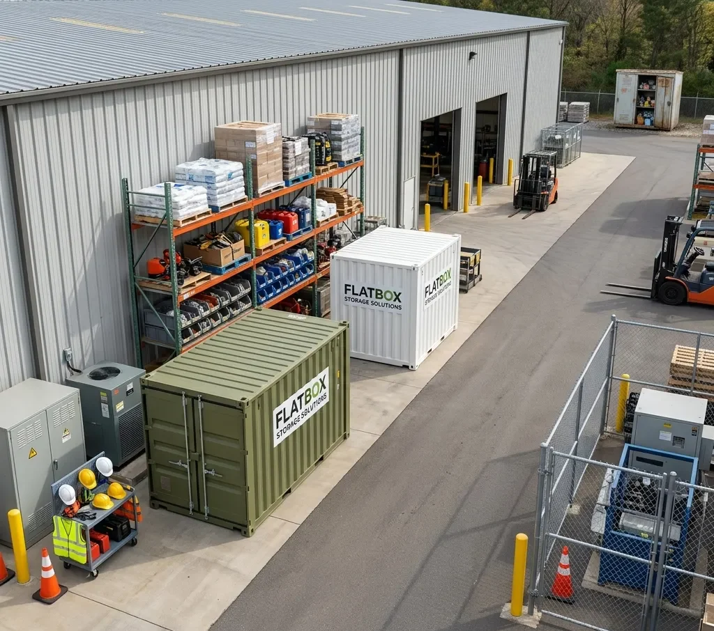 Organized flat-pack storage containers with shelving and maintenance supplies in a facility yard