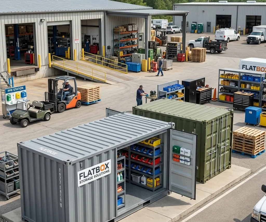 Commercial facility team using flat-pack storage containers for tools and warehouse operations