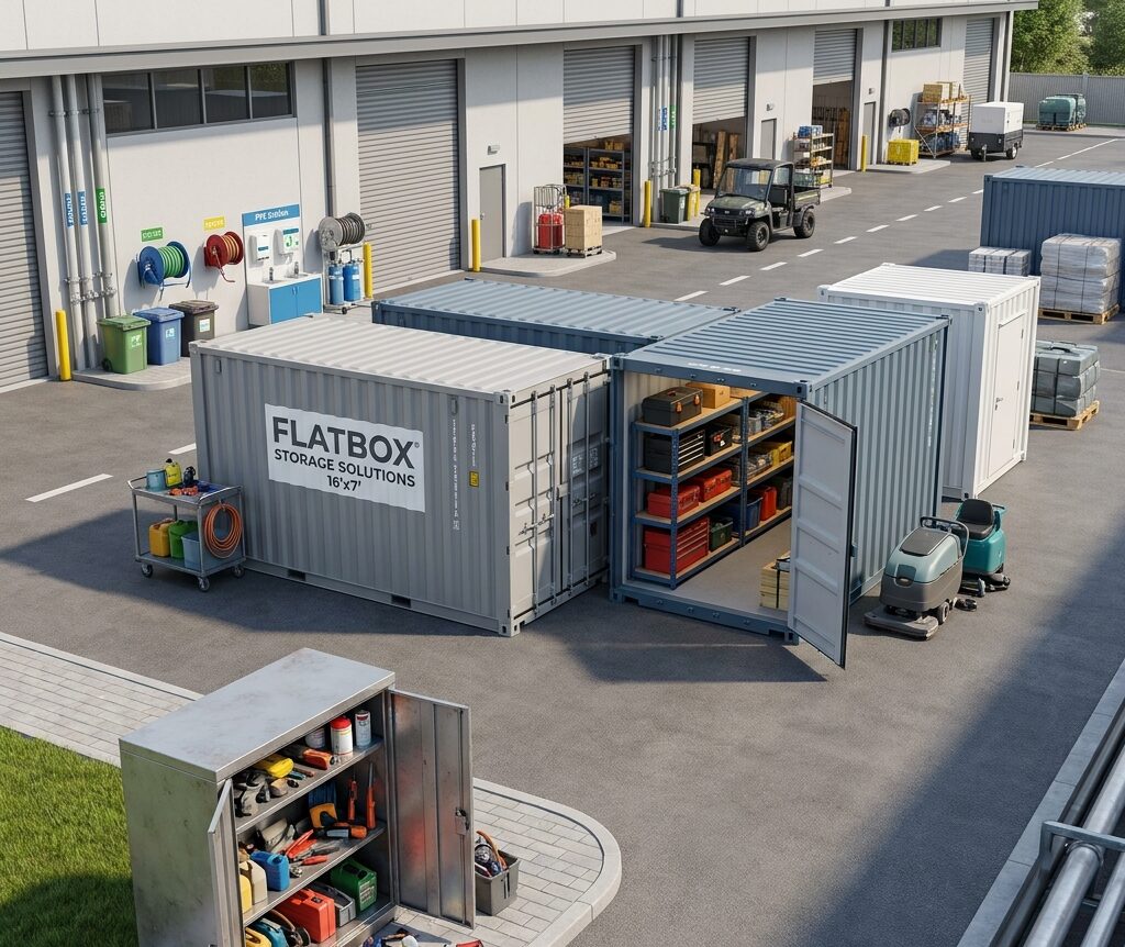 Flat-pack steel storage units organized in a commercial facility yard