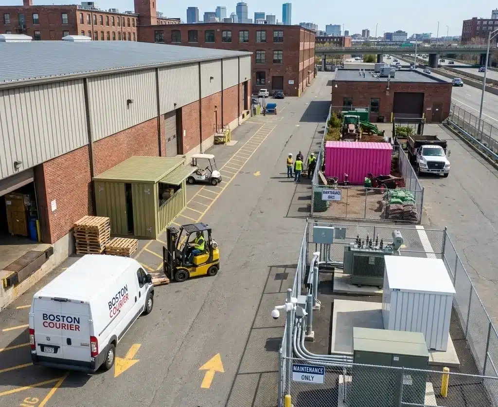Flat-pack storage containers deployed across a Boston commercial property