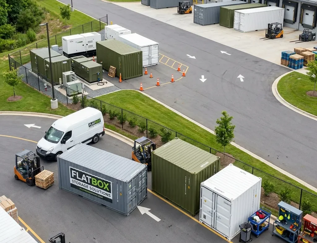 Commercial flat-pack steel storage containers organized across an operations yard