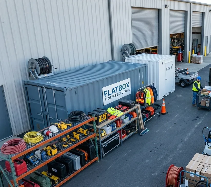 Flat-pack commercial storage containers supporting repeat warehouse storage needs
