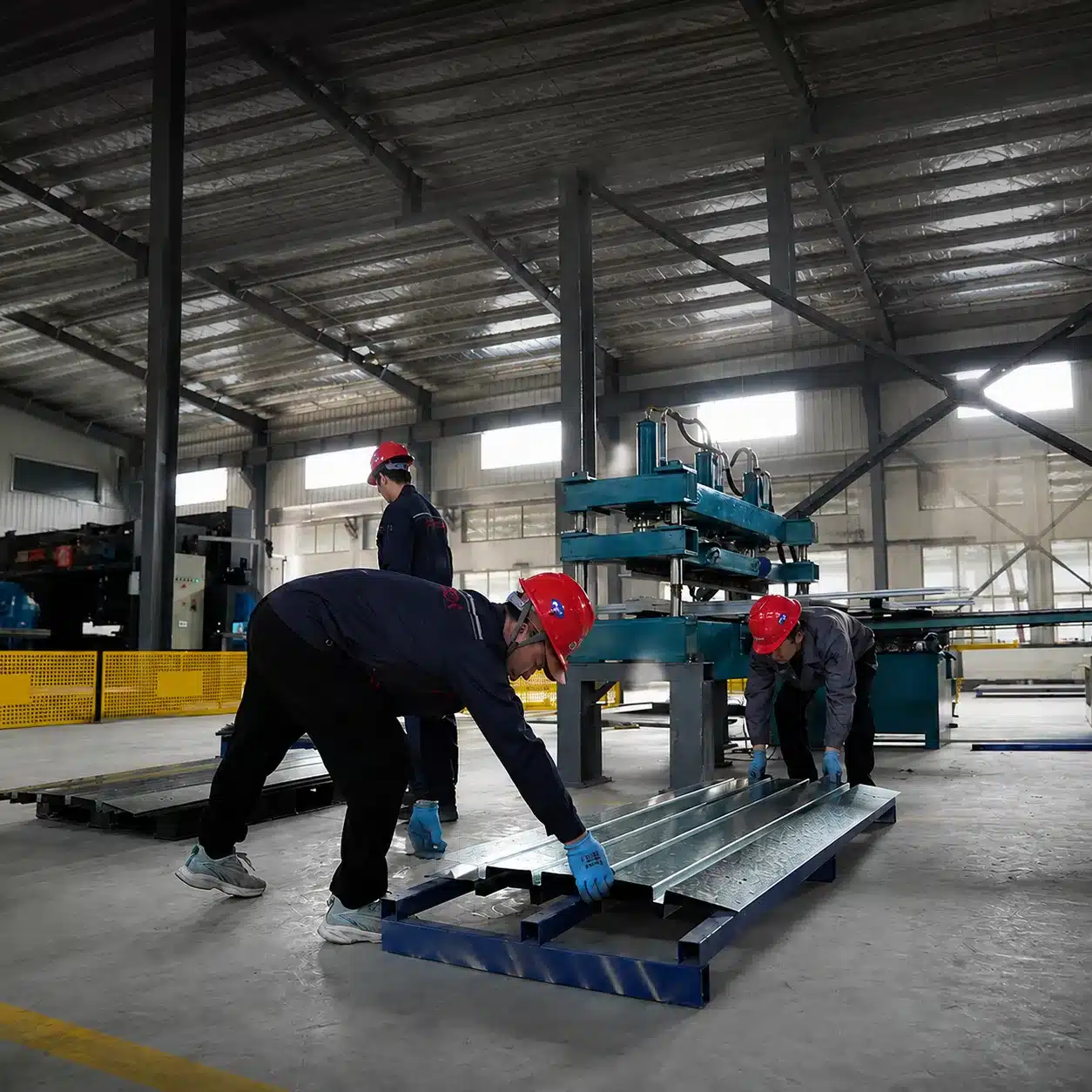 Manufacturing team handling steel panels for flat-pack container production
