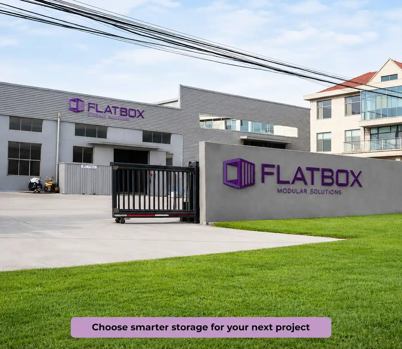 Flatbox modular storage solutions facility entrance with branded signage