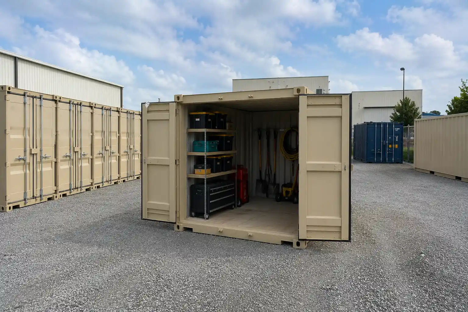 Open mobile storage container with organized shelving, tools, and equipment in a commercial storage yard with multiple portable storage units in the background.