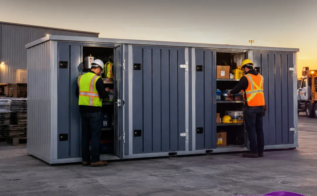Portable self-storage units with shelving, organized storage accessories, and commercial site operations at a modern self-storage facility.
