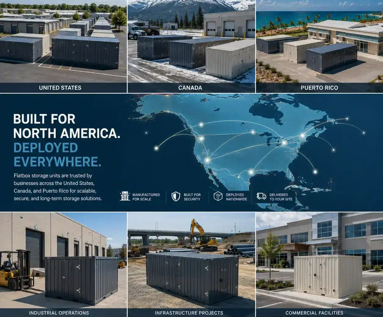 Flatbox storage units deployed across commercial properties throughout the United States, Canada, and Puerto Rico.
