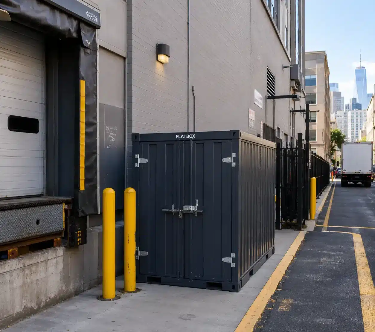 Compact Flatbox storage container placed on a constrained New York commercial site.