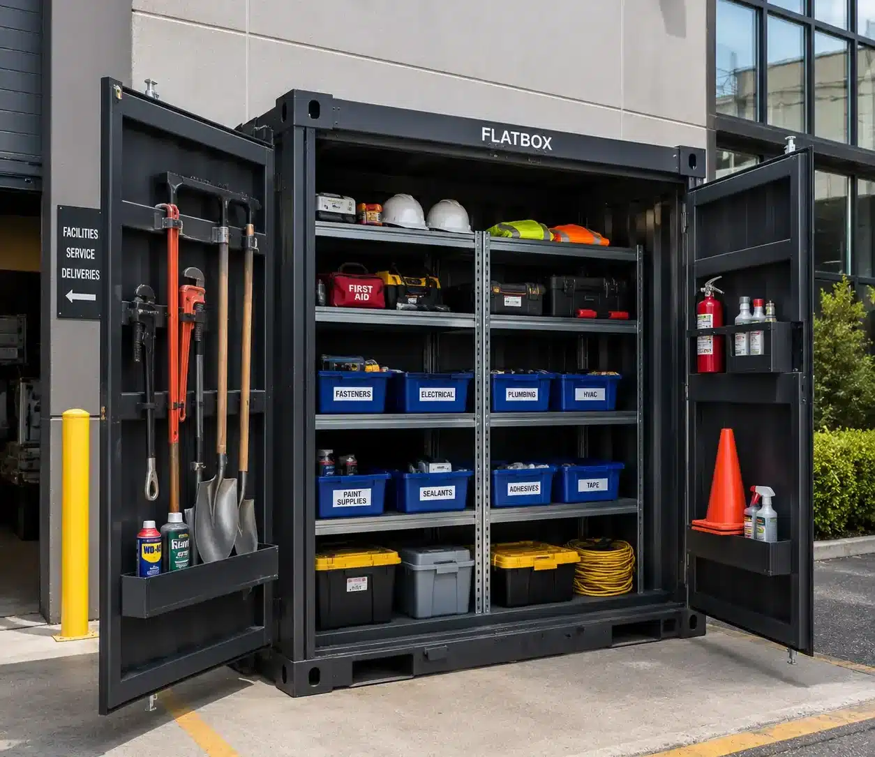 Organized Flatbox storage container with shelving for busy commercial site operations.
