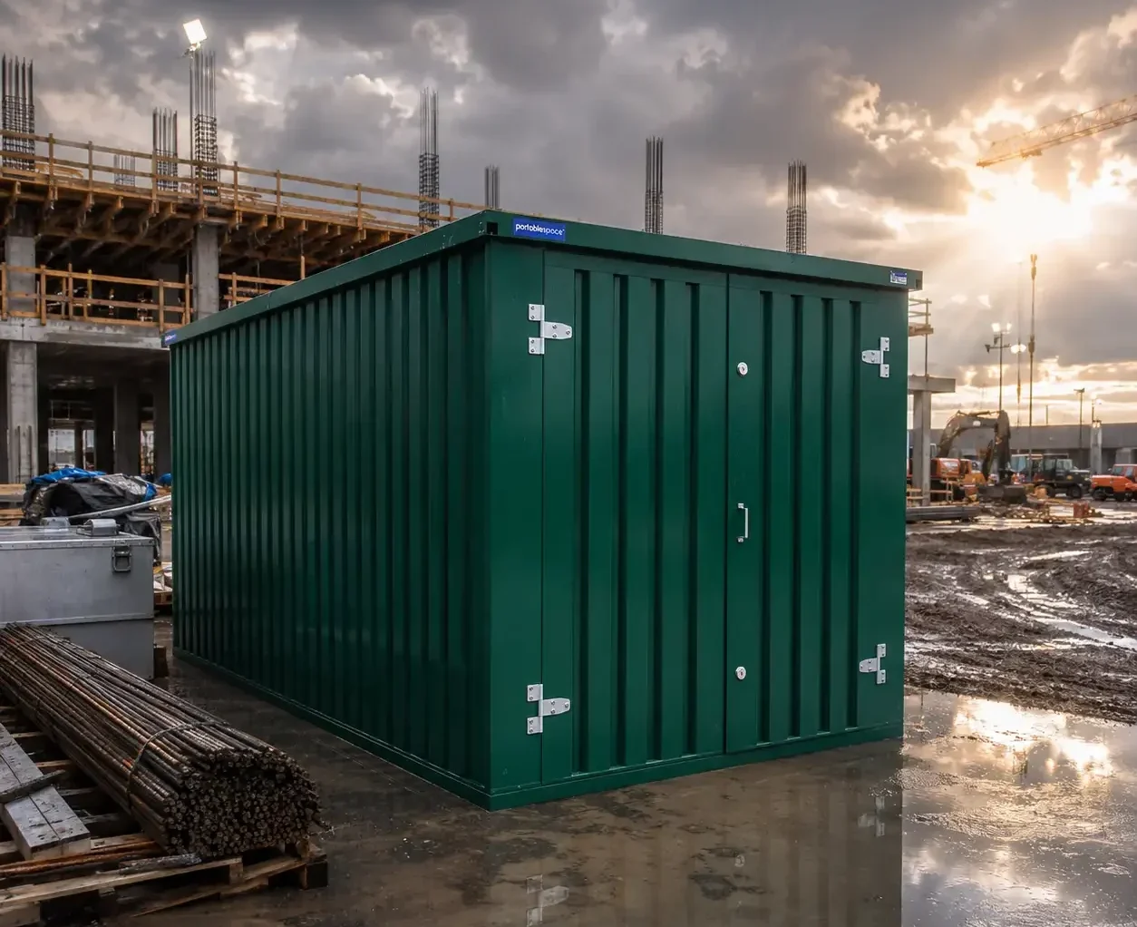 Flatbox weatherproof construction storage container on an outdoor commercial jobsite after rainfall with wet pavement, construction materials, and durable steel construction designed for harsh site conditions.