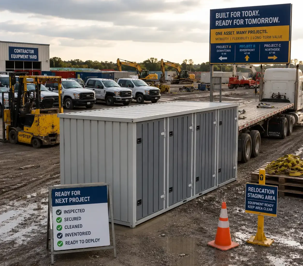 Flatbox construction storage container positioned in a contractor operations yard prepared for relocation between projects with fleet vehicles, logistics equipment, and organized deployment planning.