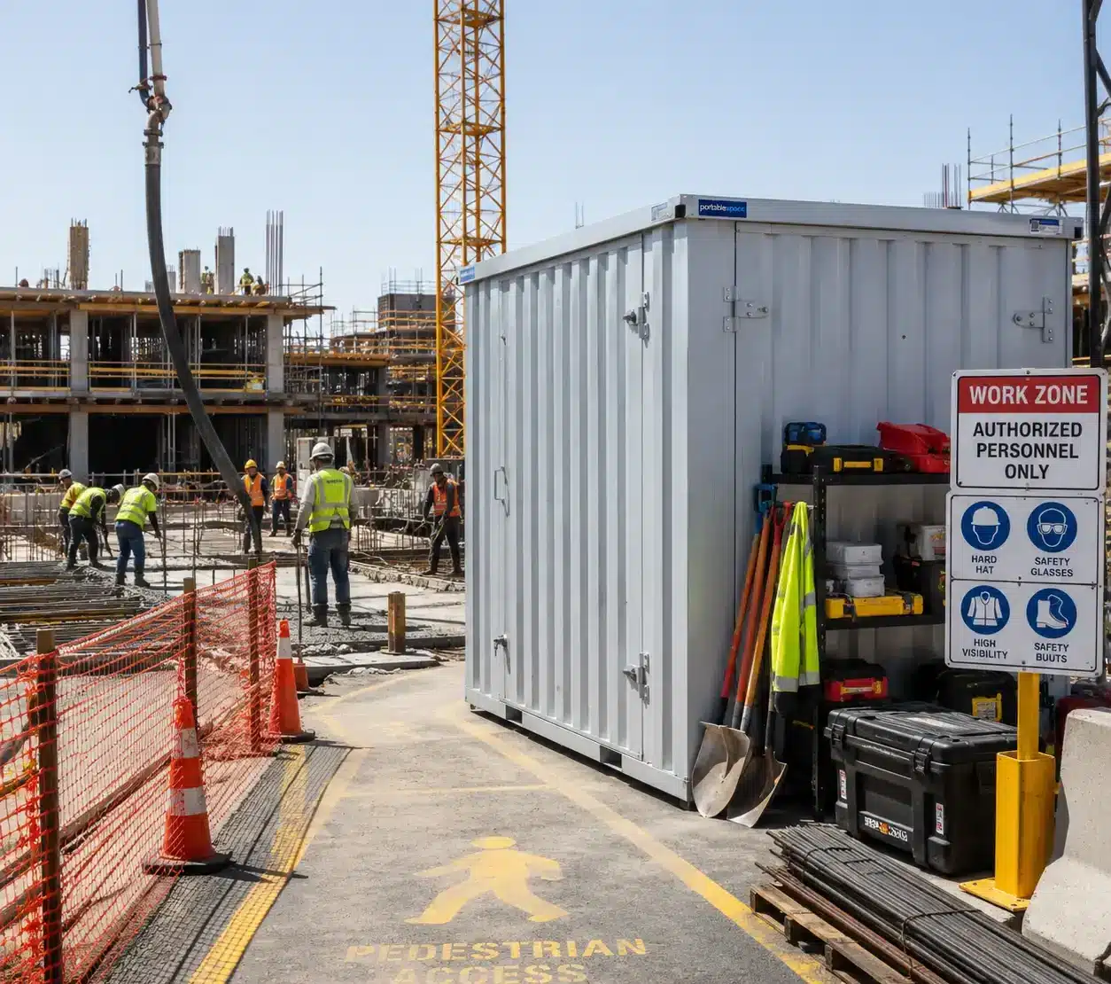 Construction storage container placed beside an active work zone without blocking site operations.
