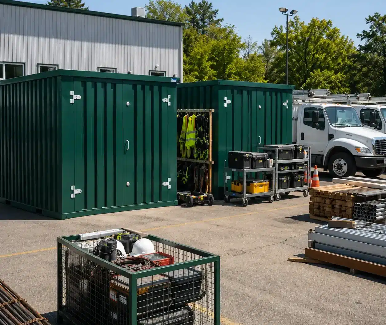 Owned Flatbox construction storage containers used for long-term contractor operations and inventory control.