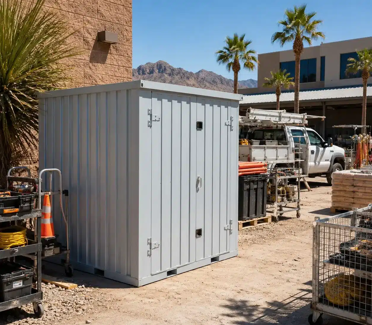 Flatbox storage container supporting secure outdoor storage at an active Phoenix commercial site exposed to heat and sun.