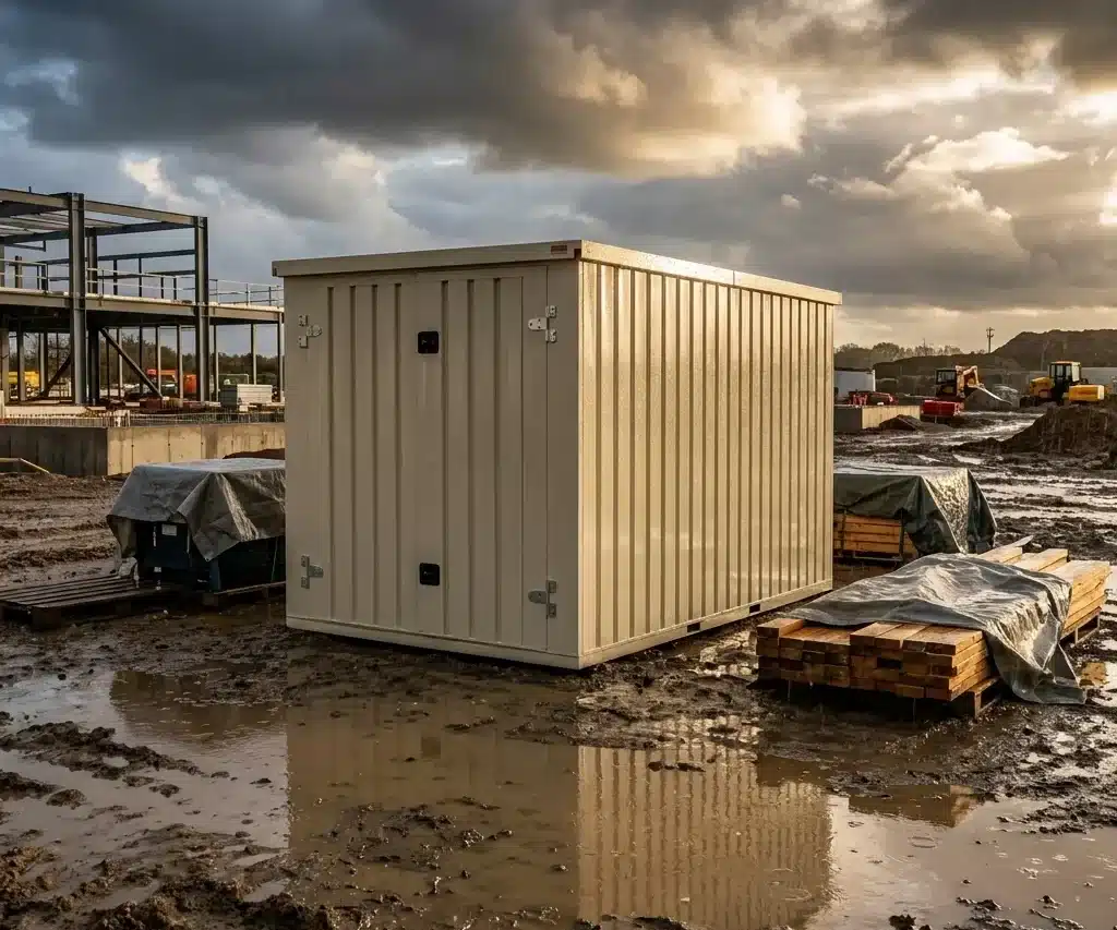 Weather-ready Flatbox construction storage container protecting materials on a wet active jobsite.