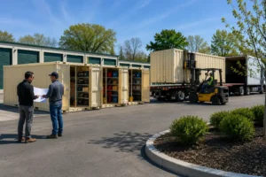 Portable self-storage units with interior shelving and organized equipment at a modern storage facility, while staff review plans and a forklift unloads a newly delivered unit.