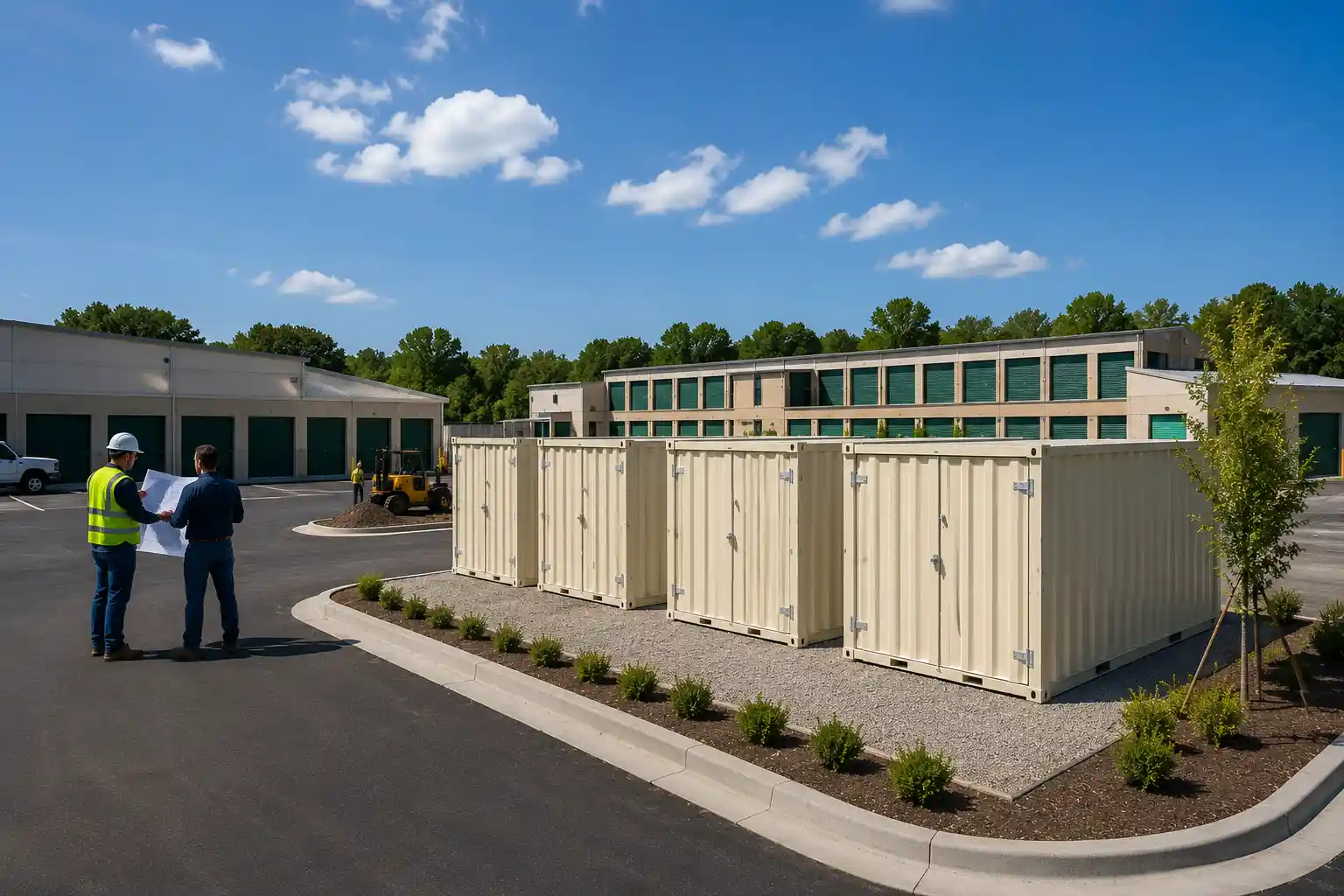 Portable self-storage units installed at a commercial self-storage facility to expand storage capacity without permanent construction.