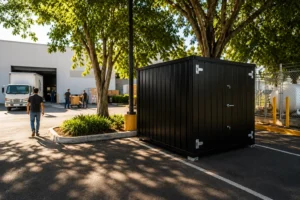 Black portable storage container installed at a commercial facility with warehouse operations, workers, and delivery vehicles in the background.