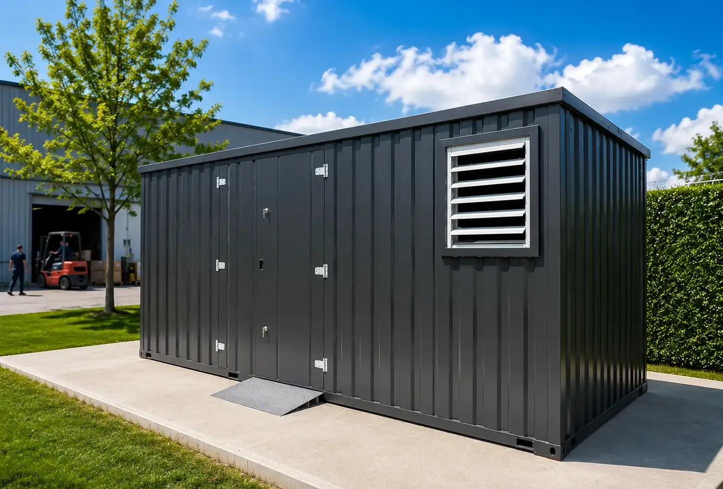 Dark gray portable storage container with secure doors and ventilation installed on a concrete pad at a commercial facility.
