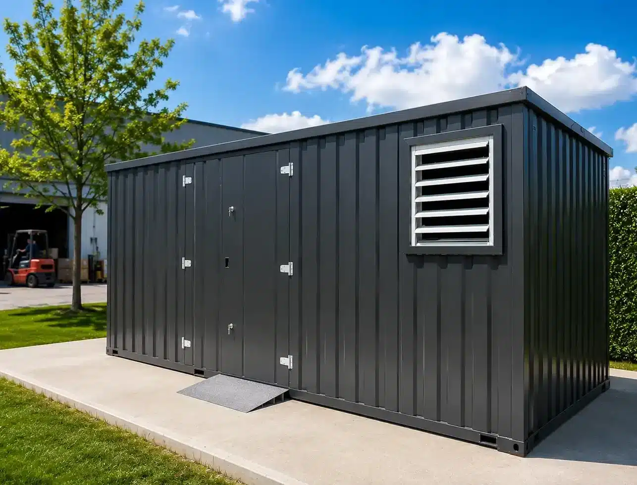 Dark gray portable storage container with secure doors and ventilation installed on a concrete pad at a commercial facility.