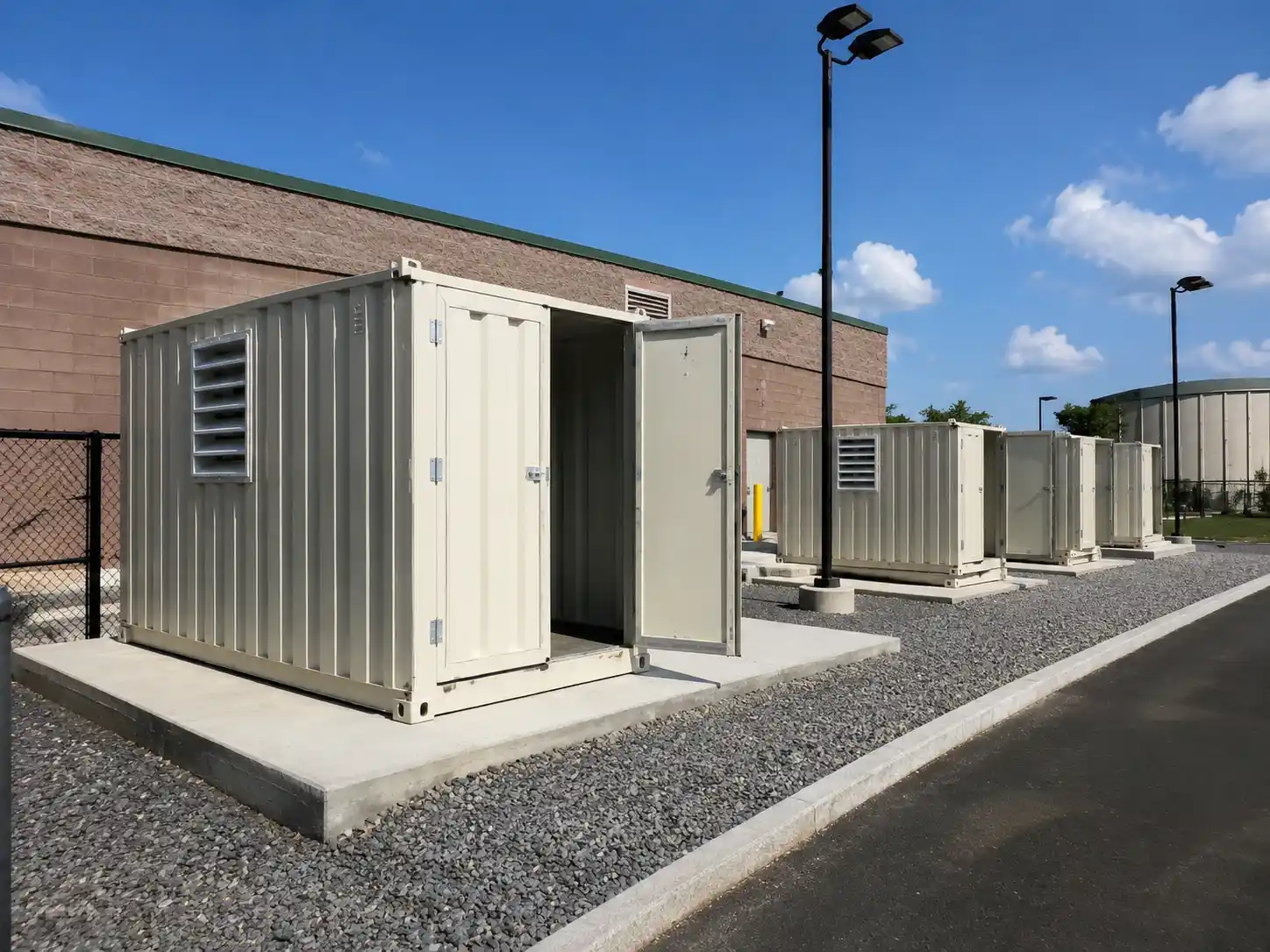 Multiple portable storage containers installed at a commercial facility with secure outdoor storage units on concrete pads.