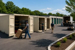 Mobile self-storage containers installed at a modern self-storage facility, providing flexible and scalable storage capacity for property expansion and operational growth.