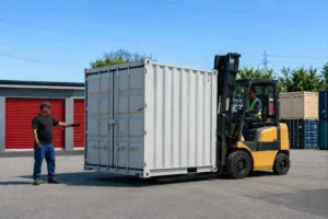 Forklift positioning a mobile storage container at a commercial storage facility while site personnel coordinate placement and storage operations.