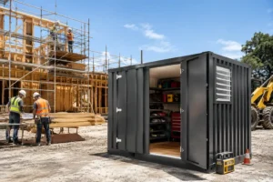 Portable site storage container with organized tools and equipment at an active construction site with workers and building development in the background.