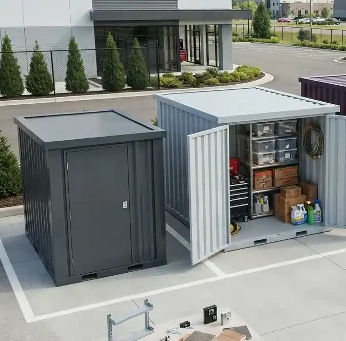 Commercial buyers comparing flat pack container storage units before purchasing.