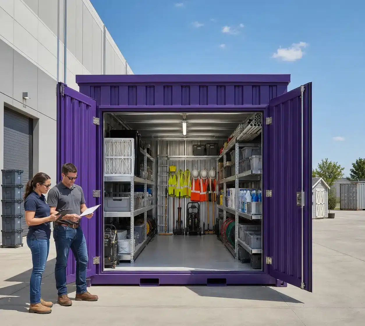 Purpose-built flat pack steel storage unit organized for Dallas warehouse and facility operations.