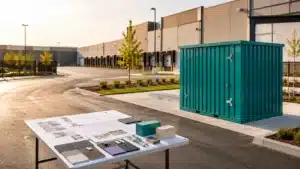 Commercial team planning portable flat-pack storage container placement before delivery at a modern industrial facility.