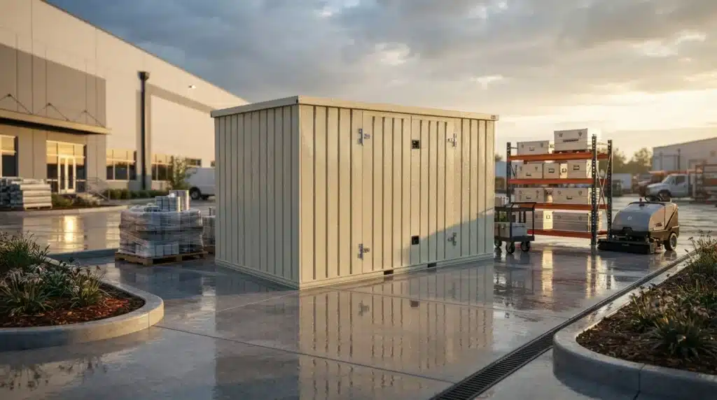 Weather-resistant Flatbox storage container protecting commercial equipment in an outdoor industrial environment.