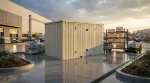 Weather-resistant Flatbox storage container protecting commercial equipment in an outdoor industrial environment.