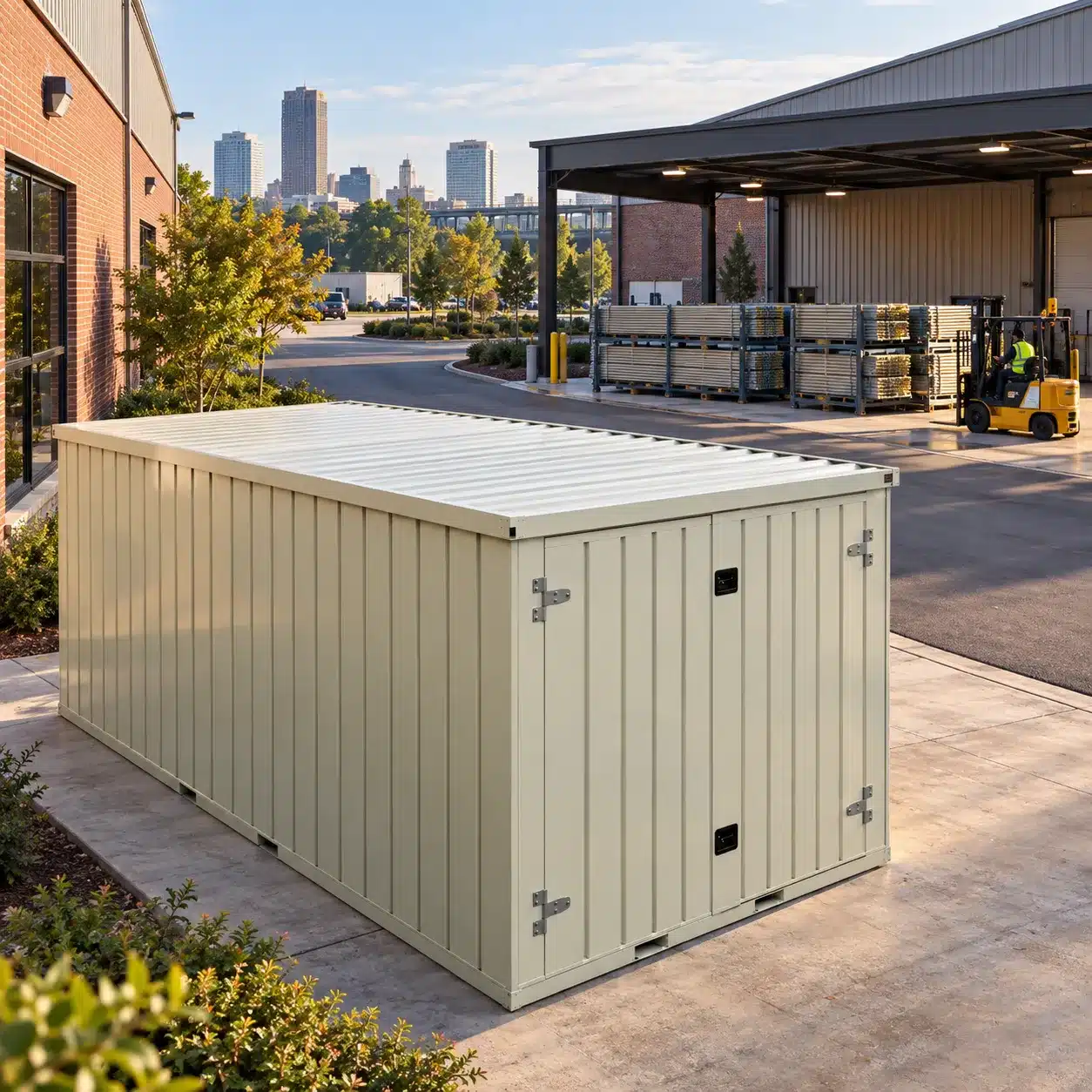Flat pack storage container positioned for commercial site use in Richmond