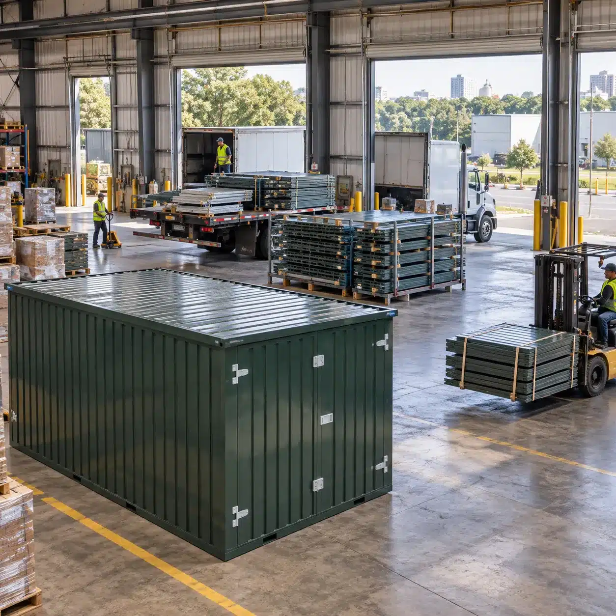 Flat pack container and compact stacked components prepared for efficient delivery in Richmond VA